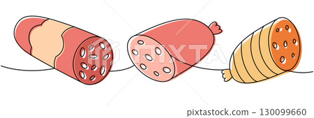 Delicious salami, beef sausage one line colored continuous drawing. Butchery menu. Vector illustration 130099660