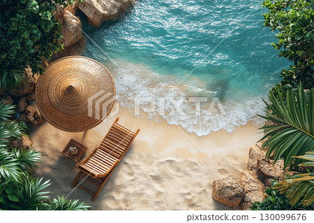 Summer vacation. Top view. Retro style. Umbrella and chairs set up on sand in beach of ocean. 130099676