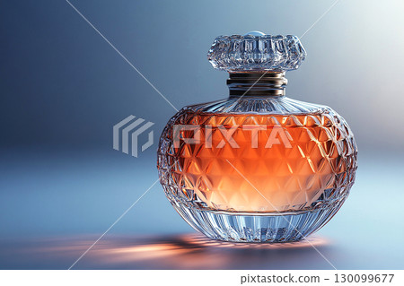 Perfume bottle with glossy on its glass surface, conveying elegance and sophistication. Ideal for high-end perfume advertisements. 130099677