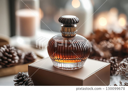 Glass perfume bottle featuring elegant gold detailing. Perfect for high-end perfume marketing. 130099678