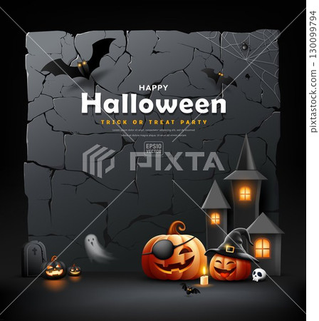 Happy Halloween pumpkins, black castle, bat flying on black broken stone wall banner concept  130099794
