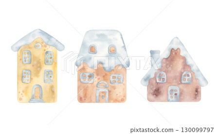Watercolor gingerbread houses with icing. Set of isolated elements. Hand painted illustration. Perfect for Christmas, holiday design, winter decor, and festive cards Watercolor gingerbread houses with icing. Set of isolated elements. Hand painted illustration. Perfect for Christmas, holiday design, winter decor, and festive cards 130099797
