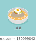 Delicious and refreshing Korean cold noodles (naengmyeon) with egg and soup 130099842
