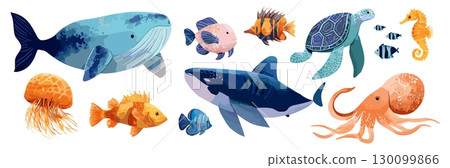 Watercolor underwater animals. Undersea marine creatures under ocean water sea life whale tropical fish killer whale turtle octopus jellyfish seahorse cartoon vector illustration 130099866