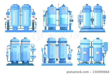 Water purification storages. Wastewater treatment industrial tank reservoirs, cleaning filtration industry plant facility pump stations set cartoon vector illustration 130099868
