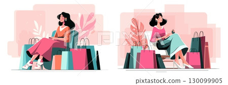Shopaholic woman concept. Fashion lady sit on chair in mall hall with lots of shopping bags, pile purchase in clothes store girl shopper shopaholism consumerism vector illustration Shopaholic woman concept. Fashion lady sit on chair in mall hall with lots of shopping bags, pile purchase in clothes store girl shopper shopaholism consumerism vector illustration 130099905