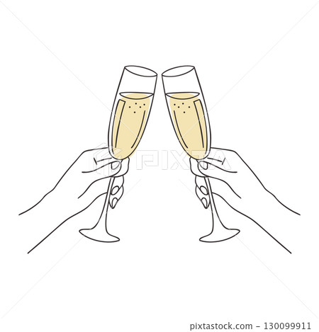 Illustration of two hands holding glasses of champagne. Cheers with champagne glasses, toasting, celebration Illustration of two hands holding glasses of champagne. Cheers with champagne glasses, toasting, celebration 130099911