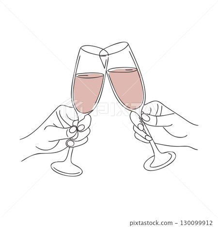 Illustration of two hands holding glasses of champagne. Cheers with champagne glasses, toasting, celebration Illustration of two hands holding glasses of champagne. Cheers with champagne glasses, toasting, celebration 130099912