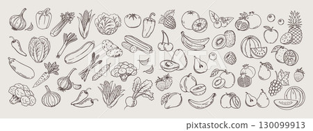 Set of sketch vegetables and fruits. Collection of hand drawn farm products for restaurant menu, market label. Set of sketch vegetables and fruits. Collection of hand drawn farm products for restaurant menu, market label. 130099913