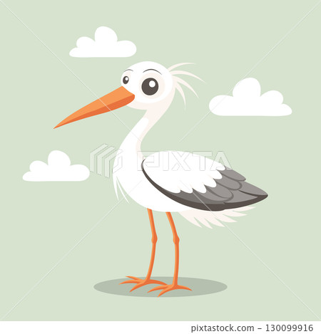 Cute baby stork on a background with clouds. Playful illustration, postcard. 130099916
