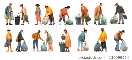 People collect garbage. Cartoon man woman take out trash, volunteers sorting rubbish guy girl seniors characters carrying litter bag person responsibility set vector illustration 130099924