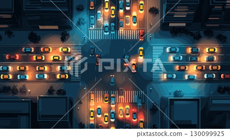 Night traffic top view. Passenger cars on city street crossroad, evening midnight road above aerial, taxi drive to pedestrian crosswalk town auto transport vector illustration 130099925