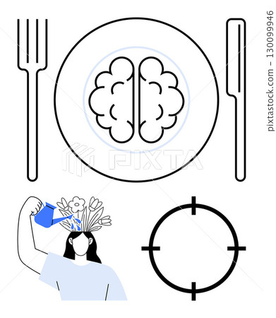 Brain on plate with fork and knife, person watering head with flowers, and target. Ideal for creativity, focus, mental health, education, self-care mindfulness psychological wellness. Line metaphor 130099946