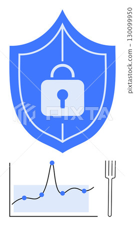Shield with lock symbolizes security graph indicates data analysis. Ideal for security, data protection, technology, analytics, privacy, digital safety, cyber defense. Line metaphor 130099950