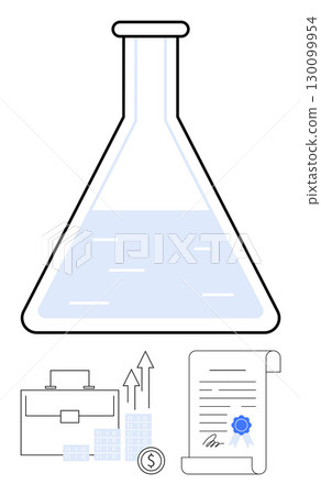 Laboratory flask with liquid, briefcase, bar graphs with rising arrows, coin with dollar sign, and signed document scroll. Ideal for research, innovation, business growth, finance legal matters 130099954