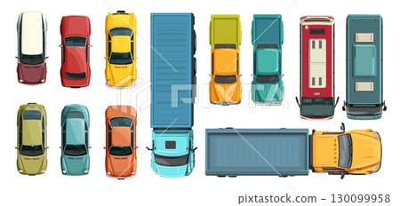 Cartoon cars top view. Different car traffic aerial views, truck pickup bus city transport passenger auto sedan yellow red vehicles vector illustration 130099958
