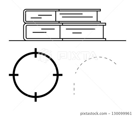 Stack of books beside a targeting crosshair and a dashed arc. Ideal for education, learning focus, target setting, goal achievement, libraries, study tools. Line metaphor 130099961