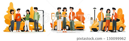 Car sharing concept. Drivers friends share cars, rental vehicle mobile service in smartphone app teen people group taxi rent online or auto transfer cartoon vector illustration 130099962