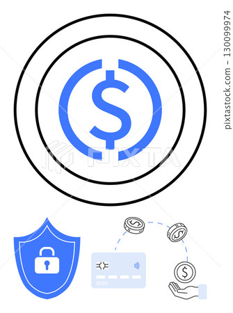 Dollar symbol within concentric circles, secure transaction elements including shield with lock, credit card, and hand holding money. Ideal for finance, digital currency, internet security, online Dollar symbol within concentric circles, secure transaction elements including shield with lock, credit card, and hand holding money. Ideal for finance, digital currency, internet security, online 130099974