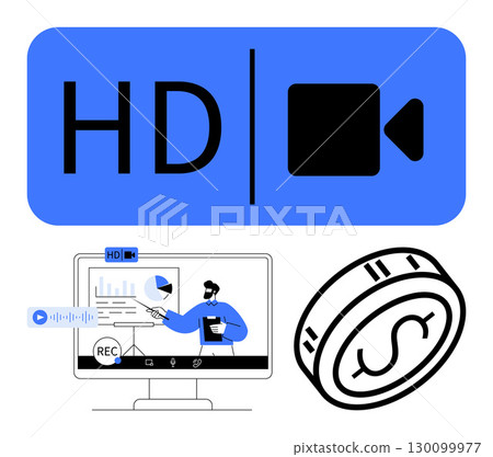 HD video symbol, person editing video on computer screen with financial and analytical tools, coin icon. Ideal for video production, business, presentations, finance, analytics, technology 130099977