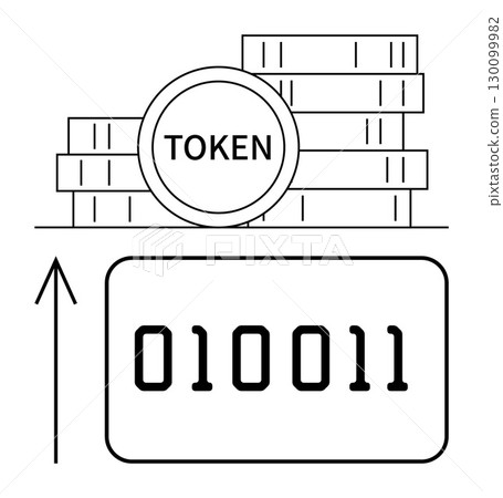 Digital tokens stacked in front of a binary code display with an upward arrow. Ideal for cryptocurrency, blockchain, technology, data analysis, investment, finance, digital transactions. Line Digital tokens stacked in front of a binary code display with an upward arrow. Ideal for cryptocurrency, blockchain, technology, data analysis, investment, finance, digital transactions. Line 130099982