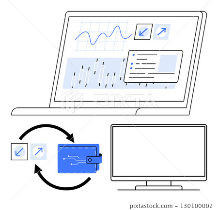 Laptop showing financial charts, electronic wallet with data transfer arrows, and a desktop monitor. Key themes digital finance, cryptocurrency, online transactions, data analysis, fintech, virtual 130100002