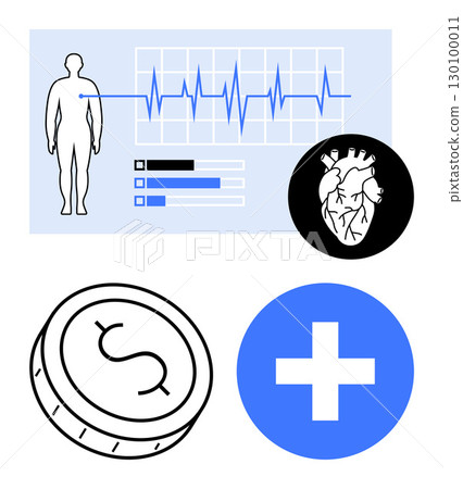 Heartbeat graph with human figure, heart illustration, coin with dollar sign, and medical cross icon. Ideal for healthcare, personal finance, heart health, medical technology, financial planning 130100011