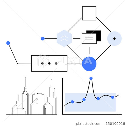 Geometric shapes connect in network lines cityscape with dots graph line in blue. Ideal for technology, data analysis, network architecture, urban planning, statistics, connections, abstract art Geometric shapes connect in network lines cityscape with dots graph line in blue. Ideal for technology, data analysis, network architecture, urban planning, statistics, connections, abstract art 130100016
