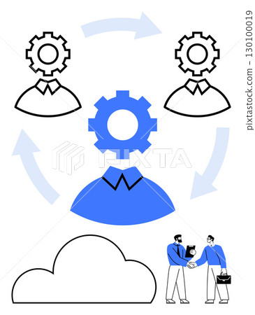Gear-headed team members interconnected with arrows, cloud icon, two businessmen shaking hands. Ideal for business strategies, partnerships, team dynamics, technology integration, cloud services 130100019