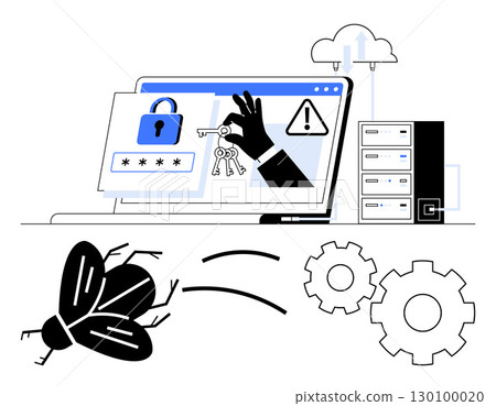 Laptop displays lock and keys, warning signs, server in background, bug and gears in foreground. Ideal for cybersecurity topics, data protection, network security, IT support, software development 130100020
