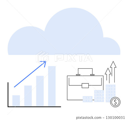 Growth chart with an upward arrow, cloud storage, briefcase, and stacks of coins and arrows to depict financial growth. Ideal for business, cloud computing, finance, data analysis, investment 130100031