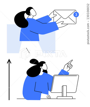 Characters interacting envelope notifications pointing at screen. Ideal for teamwork, productivity, digital communication, task management, efficiency, collaboration, workflow. Line metaphor 130100032