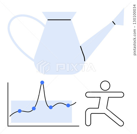 Watering can dynamic data chart and simplified human figure in motion. Ideal for themes of growth, progress, cultivation, analysis, fitness, balance, and harmony. Line metaphor 130100034