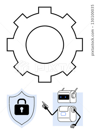 Gear security shield with lock, and robot pointing. Ideal for technology, cybersecurity, robotics, mechanization, automation, innovation, and digital security. Line metaphor Gear security shield with lock, and robot pointing. Ideal for technology, cybersecurity, robotics, mechanization, automation, innovation, and digital security. Line metaphor 130100035