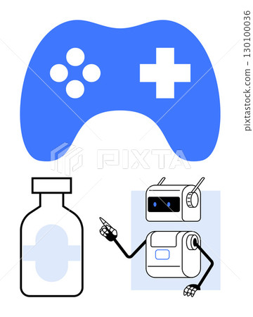 Game controller, medicine bottle, and robot with antennas and screen face. Ideal for healthcare technology, medical robotics, modern medicine, digital health, interactive learning, futuristic 130100036