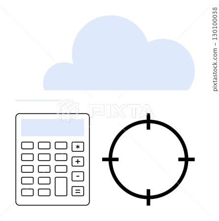 Cloud hovering above a calculator and a crosshair target, signifying digital optimization. Ideal for cloud computing, data accuracy, technology, business strategy, digital marketing, innovation, IT 130100038