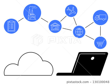 Cloud connecting to laptop with icons representing factory, checklist, warehouse, airplane, globe, truck, and shopping cart. Ideal for logistics, supply chain inventory management e-commerce 130100048