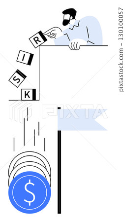 Man dropping letter blocks spelling RISK followed by falling coins with dollar signs and a flag. Ideal for finance, investment, economic growth, risk management, business strategy, financial 130100057