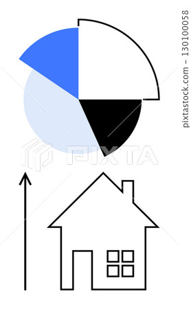 Pie chart with four colored segments simple house silhouette, and upward arrow. Ideal for real estate, market trends, data analysis, investment, economic growth, financial planning, housing 130100058