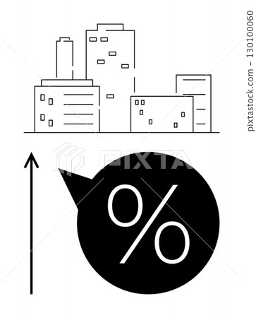City skyline and upward arrow emphasize urban growth economic rise real estate market trends, finance, investment, and progress. Ideal for business, economics, urban planning, real estate. Line 130100060