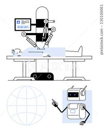 Robotic surgeon operates on a patient lying on a table, monitored by a medical display. Humanoid robot below, globe symbol. Ideal for healthcare, robotics, technology, innovation, medicine, future 130100061