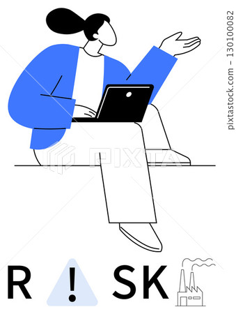 Business professional with laptop sitting confidently, factory illustration, exclamation mark inside triangle, letter R and S. Ideal for business, risk management, safety, industry, analysis 130100082