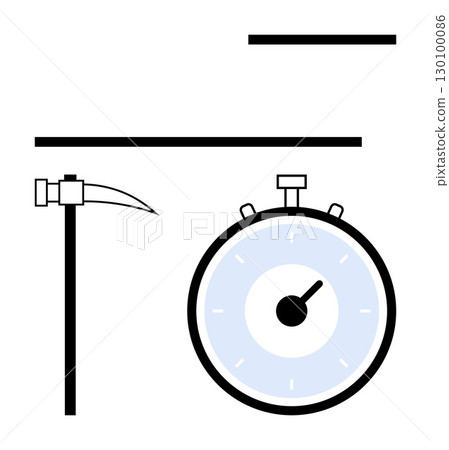 Pickaxe intersecting stopwatch with horizontal bars above and below. Ideal for mining, time management, work efficiency, productivity, labor, industry, and measurement. Line metaphor Pickaxe intersecting stopwatch with horizontal bars above and below. Ideal for mining, time management, work efficiency, productivity, labor, industry, and measurement. Line metaphor 130100086