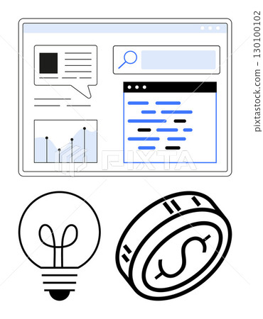 Digital interface featuring search bar, text, and graph lightbulb and dollar coin icons underneath. Ideal for business, technology, innovation, finance, analytics design education. Line metaphor 130100102