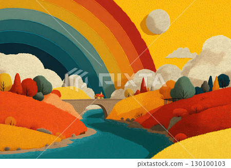 Colorful landscape with a rainbow over a bridge and river. 130100103
