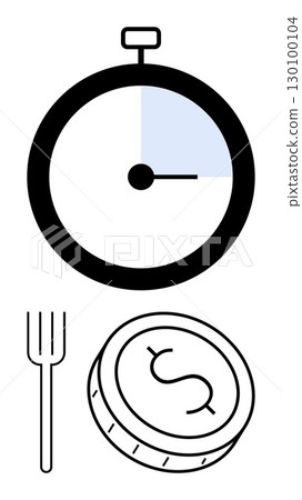 Stopwatch indicating time, a fork representing meal breaks, and a coin symbolizing money. Ideal for productivity, business efficiency, meal planning, time management, financial budgeting, scheduling 130100104