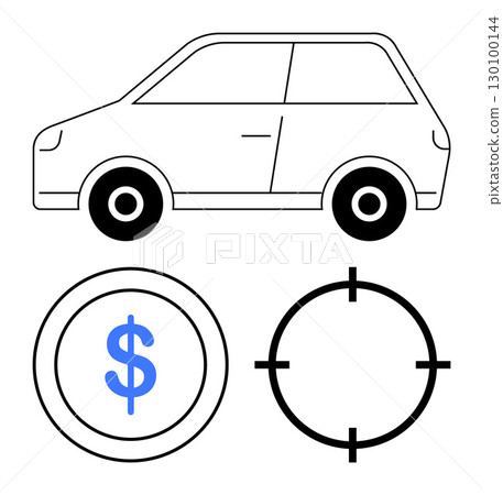 Car outline beside a blue dollar coin and a black target symbol, illustrating vehicle pricing and accuracy in planning. Ideal for automotive business, cost estimation, financial planning, budgeting Car outline beside a blue dollar coin and a black target symbol, illustrating vehicle pricing and accuracy in planning. Ideal for automotive business, cost estimation, financial planning, budgeting 130100144