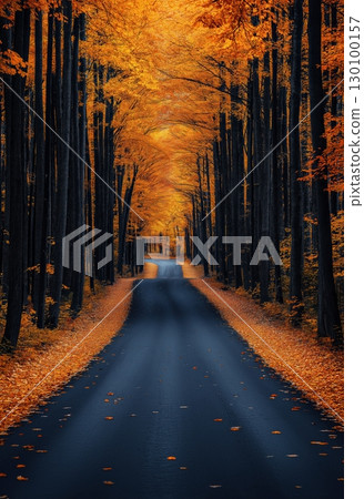 Aerial view of a road through an autumn forest. Aerial view of a road through an autumn forest. 130100157