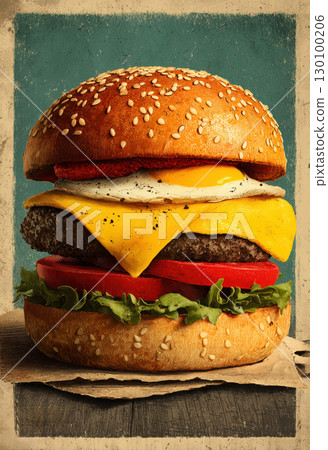 Drawing poster advertising fresh tasty burger. Drawing poster advertising fresh tasty burger. 130100206