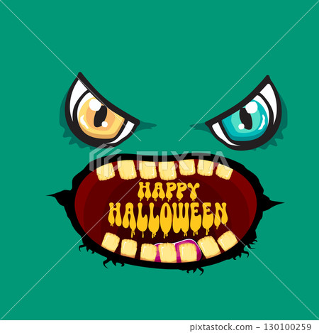 Funny zombie character vector illustration with big eyes and open mouth showing rotten teeth, Happy Halloween text inside, green skin, yellow letters, party invitation, poster, greeting card design 130100259